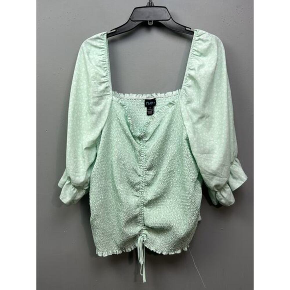 Rue Plus Shirt Womens 4X Mint Green Smocked Puff Sleeve Drawstring‎ Floral Top